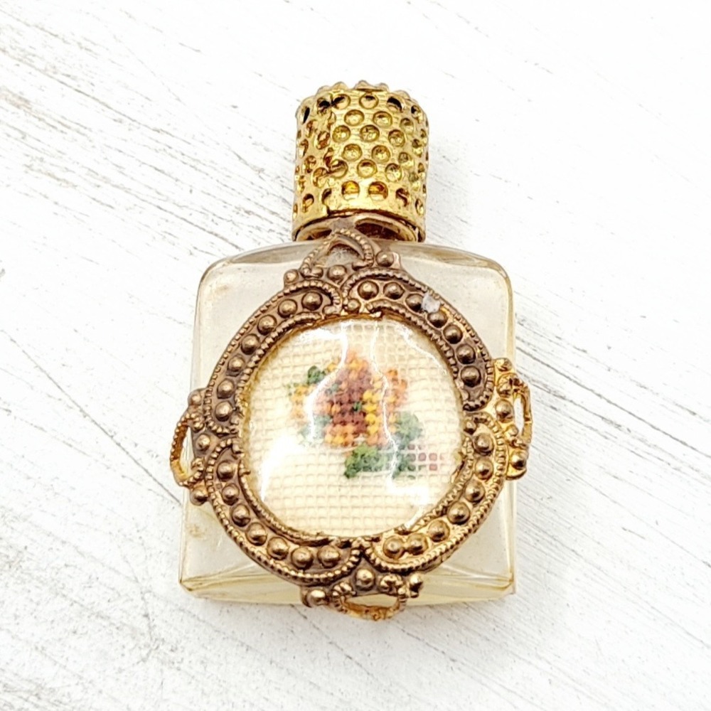 Vintage Mini Perfume Bottle Embroidered Gold Tone Filigree Glass Empty